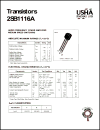 2SB1116A datasheet: Audio frequency power amplifier medium speed switching. Collector-base voltage Vcbo = -80V. Collector-emitter voltage Vceo = -60V. Emitter-base voltage Vebo = -6V. Collector dissipation Pc(max) = 0,75W. 2SB1116A