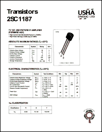 2SC1187 datasheet: TV 1ST. 2ND picture IF amplifier (forward AGC). Collector-base voltage Vcbo = 30V. Collector-emitter voltage Vceo = 20V. Emitter-base voltage Vebo = 4V. Collector dissipation Pc(max) = 250mW. Collector current Ic = 30mA. 2SC1187