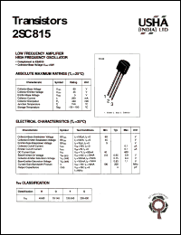 2SC815 datasheet: Low power amplifier high frequency oscillator . Collector-base voltage Vcbo = 60V. Collector-emitter voltage Vceo = 45V. Emitter-base voltage Vebo = 5V. Collector dissipation Pc(max) = 400mW. Collector current Ic = 200mA. 2SC815