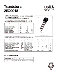 2SC9018 datasheet: Transistor. AM/FM IF amplifier, local oscillator of FM/VNF tuner. Collector-base voltage Vcbo = 30V. Collector-emitter voltage Vceo = 15V. Emitter-base voltage Vebo = 5V. Collector dissipation Pc(max) = 400mW. Collector current Ic = 50mA. 2SC9018