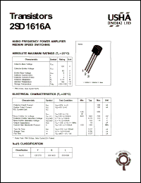 2SD1616A datasheet: Transistor. Audio frequency power amplifier medium speed switching. Collector-base voltage Vcbo = 120V. Collector-emitter voltage Vceo = 60V. Emitter-base voltage Vebo = 6V. Collector dissipation Pc(max) = 0.75W. Collector current Ic = 1A. 2SD1616A