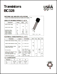 BC328 datasheet: Transistor. Switch. and amp. applications. Suitable for AF-driver and power output stages. Vces = -30V, Vceo = -25V, Vebo = -5V. Collector dissipation Pc(max) = 625mW. Ic = -800mA. BC328