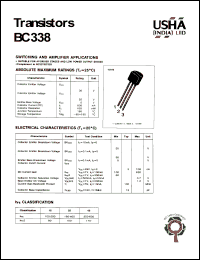 BC338 datasheet: Transistor. Switching and ampplifier applications. Suitable for AF-driver stagees and power output stages. Vces = 30V, Vceo= 25V, Vebo = 5V, Pc = 625mW, Ic = 800mA. BC338