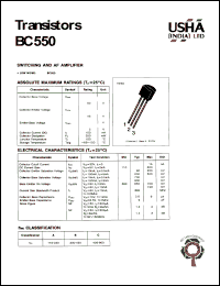 BC550 datasheet: Transistor. Switching and AF amplifier. Low noise. Vcbo = 50V, Vceo= 45V, Vebo = 5V, Pc = 500mW, Ic = 100mA. BC550