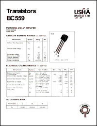 BC559 datasheet: Transistor. Switching and AF amplifier. High voltage. Low noise. Vcbo = -30V, Vceo= -30V, Vebo = -5V, Pc = 500mW, Ic = -100mA. BC559