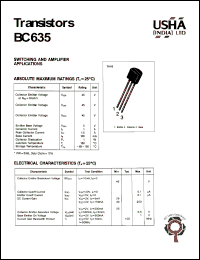 BC635 datasheet: Transistor. Switching and amplifier applications. Vcer = 45V, Vces = 45V, Vceo= 45V, Vebo = 5V, Pc = 1W, Ic = 1A. BC635