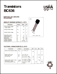 BC636 datasheet: Transistor. Switching and amplifier applications. Vcer = -45V, Vces = -45V, Vceo= -45V, Vebo = -5V, Pc = 1W, Ic = -1A. BC636