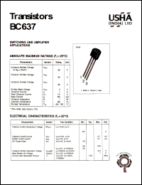 BC637 datasheet: Transistor. Switching and amplifier applications. Vcer = 60V, Vces = 60V, Vceo= 60V, Vebo = 5V, Pc = 1W, Ic = 1A. BC637
