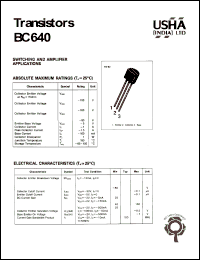 BC640 datasheet: Transistor. Switching and amplifier applications. Vcer = -100V, Vces = -100V, Vceo = -80V, Vebo = -5V, Pc = 1W, Ic = -1A. BC640