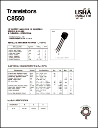 C8550 datasheet: Transistor. 2W output amplifier of portable radios in class B push-pull operation. Vcbo = -40V, Vceo = -25V, Vebo = -6V, Ic = -1.5A, Pc = 1W. C8550