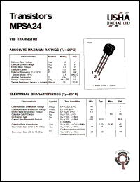 MPSA24 datasheet: VHF transistor. Vcbo = 40V, Vceo = 30V, Vebo = 4V, Ic = 100mA, Pc = 350mW. MPSA24