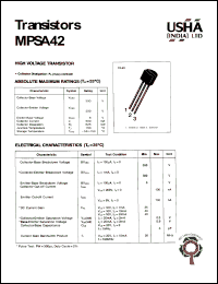 MPSA42 datasheet: High voltage transistor. Vcbo = 300V, Vceo = 300V, Vebo = 6V, Ic = 500mA, Pc = 625mW. MPSA42