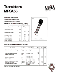 MPSA56 datasheet: Amplifier transistor. Vcbo = -80V, Vceo = -80V, Vebo = -4V, Ic = -500mA, Pc = 625mW. MPSA56