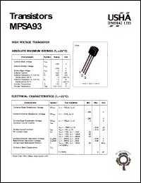 MPSA93 datasheet: High voltage transistor. Vcbo = -200V, Vceo = -200V, Vebo = -5V, Ic = -500mA, Pc = 625mW. MPSA93