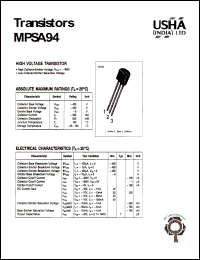 MPSA94 datasheet: High voltage transistor. Vcbo = -400V, Vceo = -400V, Vebo = -6V, Ic = -300mA, Pc = 625mW. MPSA94