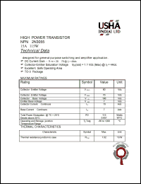 2N3055 datasheet: High power NPN transistor. General-purpose switching and amplifier application. Vceo = 60Vdc, Vcer = 70Vdc, Vcb = 100Vdc, Veb = 15Vdc, Ic = 7Adc, Ib = 7Adc, PD = 115W. 2N3055