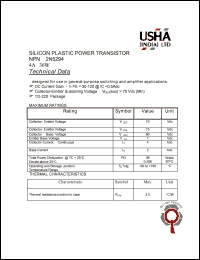 2N5294 datasheet: Silicon plastic power NPN transistor. General-purpose switching and amplifier applications. Vceo = 70Vdc, Vcer = 75Vdc, Vcbo = 80Vdc, Veb = 7Vdc, Ic = 4Adc, Ib = 2Adc, PD = 36W. 2N5294