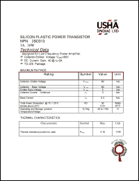 2SD313 datasheet: NPN silicon plastic power transistor. Designed for low frequency power amplifier. Vceo =60V, DC current gain: 40 @ Ic = 2A. Pd = 30W. 2SD313