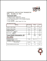 BU208A datasheet: NPN, horizontal deflection transistor. Designed for use in televisions. Vceo = 700Vdc, Vcex = 1500Vdc, Veb = 5Vdc, Ic = 5Adc, PD = 12.5W. BU208A