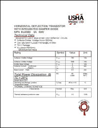 BU208D datasheet: NPN, horizontal deflection transistor with integrated damper diode. Vceo = 700Vdc, Vces = 1500Vdc, Veb = 5Vdc, Ic = 5Adc,  PD = 60W. BU208D