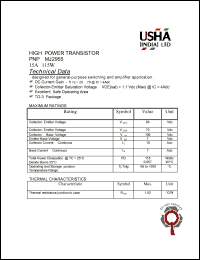 MJ2955 datasheet: PNP High power transistor. Designed for general-purpose switching and amplifier application. Vceo = 60Vdc, Vcer = 70Vdc, Vcb = 100Vdc  Ic = 15Adc, PD = 115W. MJ2955