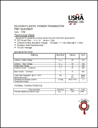 MJE2955T datasheet: PNP, silicon plastic power transistor. Designed for general-purpose switching and amplifier application. Vceo = 60Vdc, Vcb = 70Vdc, Veb = 5Vdc  Ic = 10Adc, PD = 75W. MJE2955T