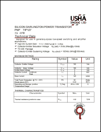 TIP127 datasheet: PNP silicon darlington power transistor. Designed for use in general-purpose low-speed switching and amplifier applications. Vceo = 100Vdc, Vcb = 100Vdc, Veb = 5Vdc, Ic = 5Adc, PD = 65W. TIP127