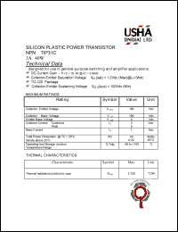 TIP31C datasheet: NPN, silicon plastic power transistor. Designed for use in general-purpose switching and amplifier application. Vceo = 100Vdc, Vcb = 100Vdc, Veb = 5Vdc, Ic = 3Adc, PD = 40W. TIP31C