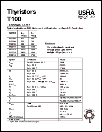 T100/04 datasheet: Thyristor. D.C. motor control, controlled rectifiers, A.C. controllers. Vrrm = 400V, Vrsm = 500V. T100/04