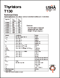 T130/16 datasheet: Thyristor. D.C. motor control, controlled rectifiers, A.C. controllers. Vrrm = 1600V, Vrsm = 1700V. T130/16