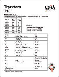 T16/10 datasheet: Thyristor. D.C. motor control, controlled rectifiers, A.C. controllers. Vrrm = 1000V, Vrsm = 1100V. T16/10