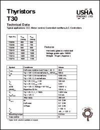 T30/04 datasheet: Thyristor. D.C. motor control, controlled rectifiers, A.C. controllers. Vrrm = 400V, Vrsm = 500V. T30/04