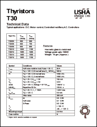 T30/16 datasheet: Thyristor. D.C. motor control, controlled rectifiers, A.C. controllers. Vrrm = 1600V, Vrsm = 1700V. T30/16