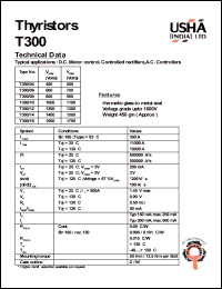 T300/16 datasheet: Thyristor. D.C. motor control, controlled rectifiers, A.C. controllers. Vrrm = 1600V, Vrsm = 1700V. T300/16