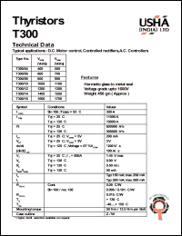 T300/12 datasheet: Thyristor. D.C. motor control, controlled rectifiers, A.C. controllers. Vrrm = 1200V, Vrsm = 1300V. T300/12