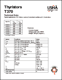T370/22 datasheet: Thyristor. D.C. motor control, controlled rectifiers, A.C. controllers. Vrrm = 2200V, Vrsm = 2300V. T370/22
