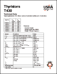 T430/14 datasheet: Thyristor. D.C. motor control, controlled rectifiers, A.C. controllers. Vrrm = 1400V, Vrsm = 1500V. T430/14