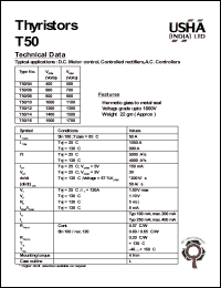 T50/04 datasheet: Thyristor. D.C. motor control, controlled rectifiers, A.C. controllers. Vrrm = 400V, Vrsm = 500V. T50/04