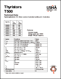 T500/12 datasheet: Thyristor. D.C. motor control, controlled rectifiers, A.C. controllers. Vrrm = 1200V, Vrsm = 1300V. T500/12
