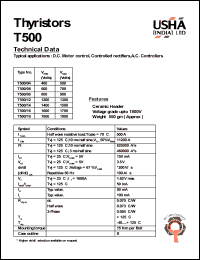 T500/18 datasheet: Thyristor. D.C. motor control, controlled rectifiers, A.C. controllers. Vrrm = 1800V, Vrsm = 1900V. T500/18