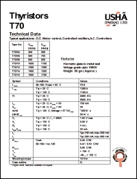 T70/10 datasheet: Thyristor. D.C. motor control, controlled rectifiers, A.C. controllers. Vrrm = 1000V, Vrsm = 1100V. T70/10