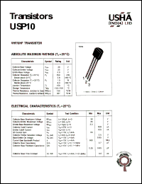 USP10 datasheet: VHF/UHF Transistor. Vcbo = 30V, Vceo = 25V, Vebo = 3.0V Pc = 350mW USP10