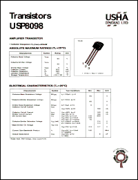 USP8098 datasheet: Amplifier transistor. Vcbo = 60V, Vceo = 60V, Vebo = 6V, Ic = 500mA, Pc = 625mW USP8098