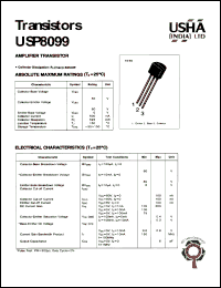 USP8099 datasheet: Amplifier transistor. Vcbo = 80V, Vceo = 80V, Vebo = 6V, Ic = 500mA, Pc = 625mW USP8099