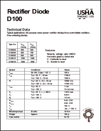D100/04 datasheet: Rectifier diode. All purpose mean power rectifier diodes, Non-controllable rectifiers. Free-wheeling diodes. Vrrm = 400V, Vrsm = 500V. D100/04