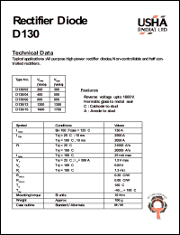 D130/02 datasheet: Rectifier diode. All purpose high power rectifier diodes, Non-controllable and half controlled rectifiers. Vrrm = 200V, Vrsm = 300V. D130/02