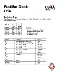 D16/04 datasheet: Rectifier diode. All purpose high power rectifier diodes, non-controllable rectifiers. Free-wheeling diodes. Vrrm = 400V, Vrsm = 500V. D16/04