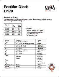 D170/16 datasheet: Rectifier diode. All purpose high power rectifier diodes, non-controllable rectifiers. Free-wheeling diodes & welding. Vrrm = 1600V, Vrsm = 1700V. D170/16