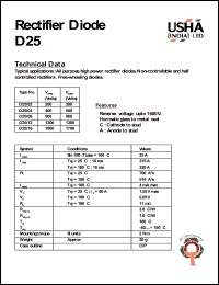 D25/08 datasheet: Rectifier diode. All purpose high power rectifier diodes, non-controllable and half controlleed rectifiers. Free-wheeling diodes.  Vrrm = 800V, Vrsm = 900V. D25/08