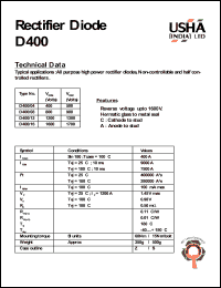 D400/12 datasheet: Rectifier diode. Vrrm = 1200V, Vrsm = 1300V. All purpose high power rectifier diodes, non-controllable and half-controlled rectifiers. D400/12
